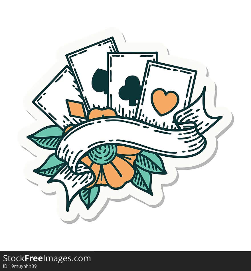 tattoo style sticker of cards and banner