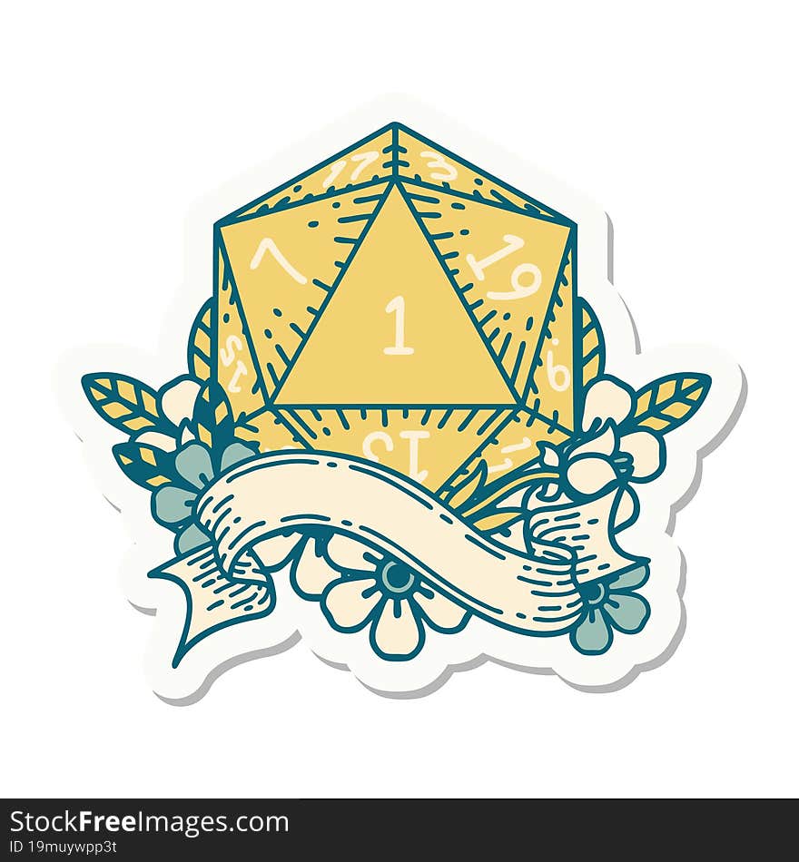 sticker of a natural one d20 dice roll. sticker of a natural one d20 dice roll