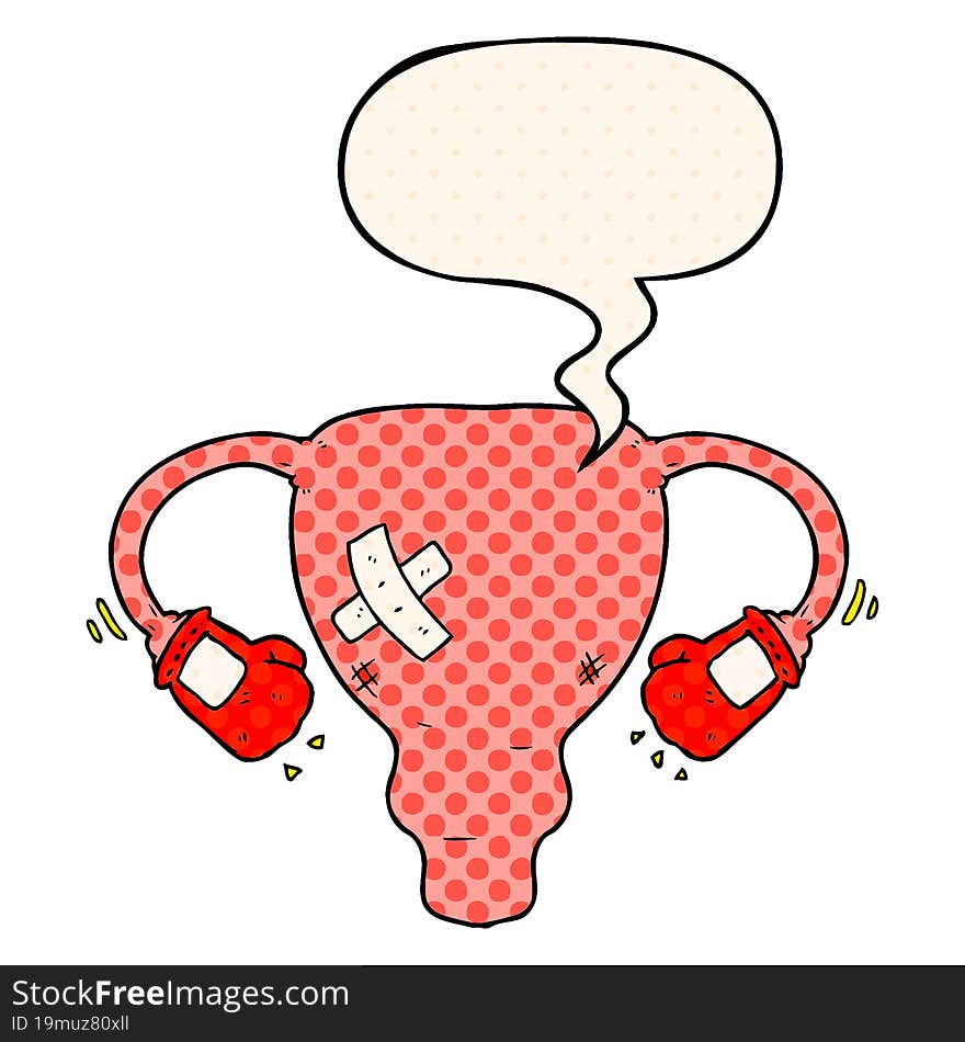 cartoon beat up uterus with boxing gloves with speech bubble in comic book style. cartoon beat up uterus with boxing gloves with speech bubble in comic book style