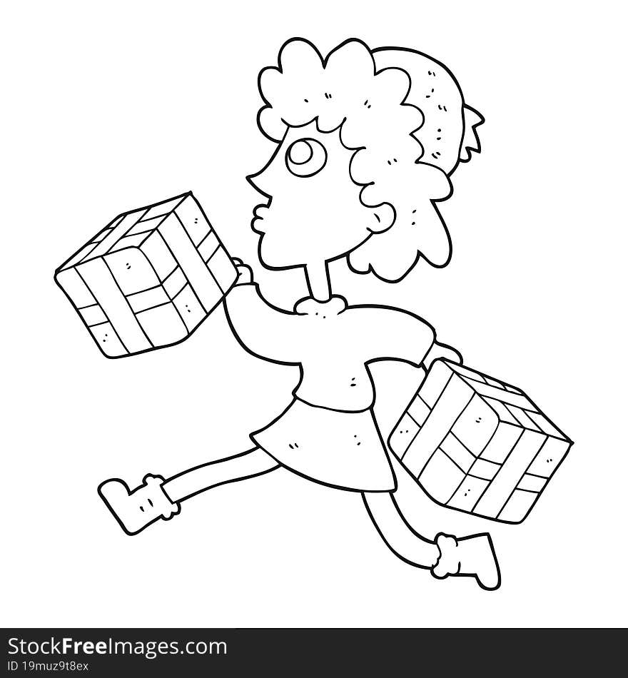 black and white cartoon running woman with presents