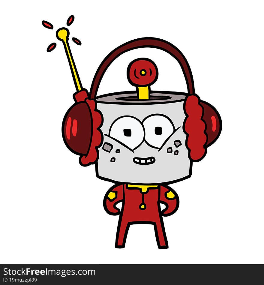 happy cartoon robot wearing headphones. happy cartoon robot wearing headphones