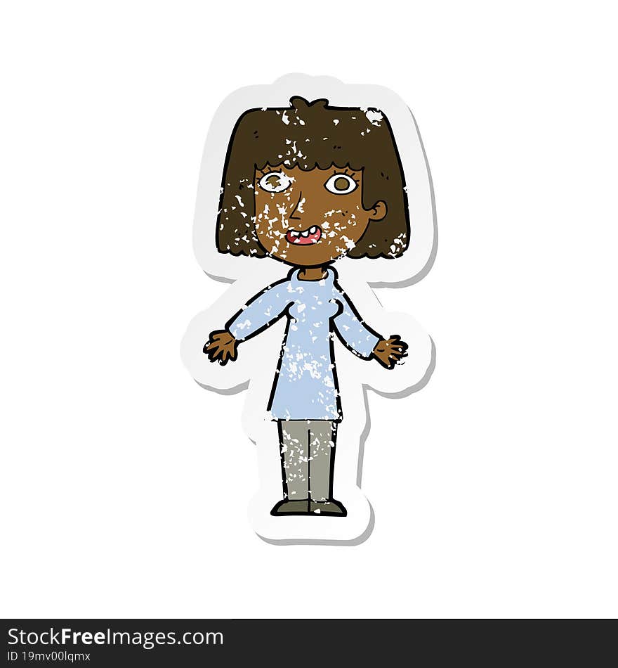 retro distressed sticker of a cartoon happy woman