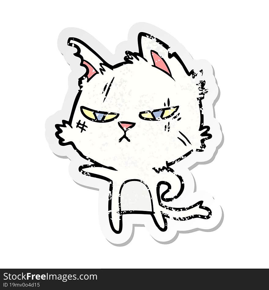 distressed sticker of a tough cartoon cat pointing