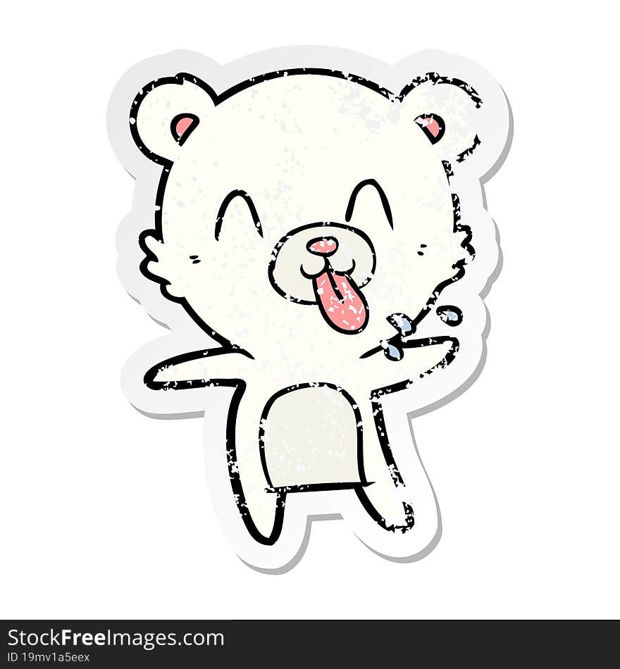 distressed sticker of a rude cartoon polar bear sticking out tongue