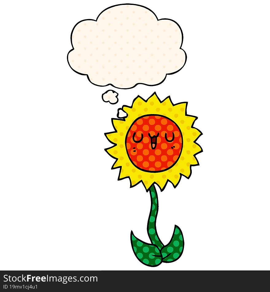 cartoon flower with thought bubble in comic book style