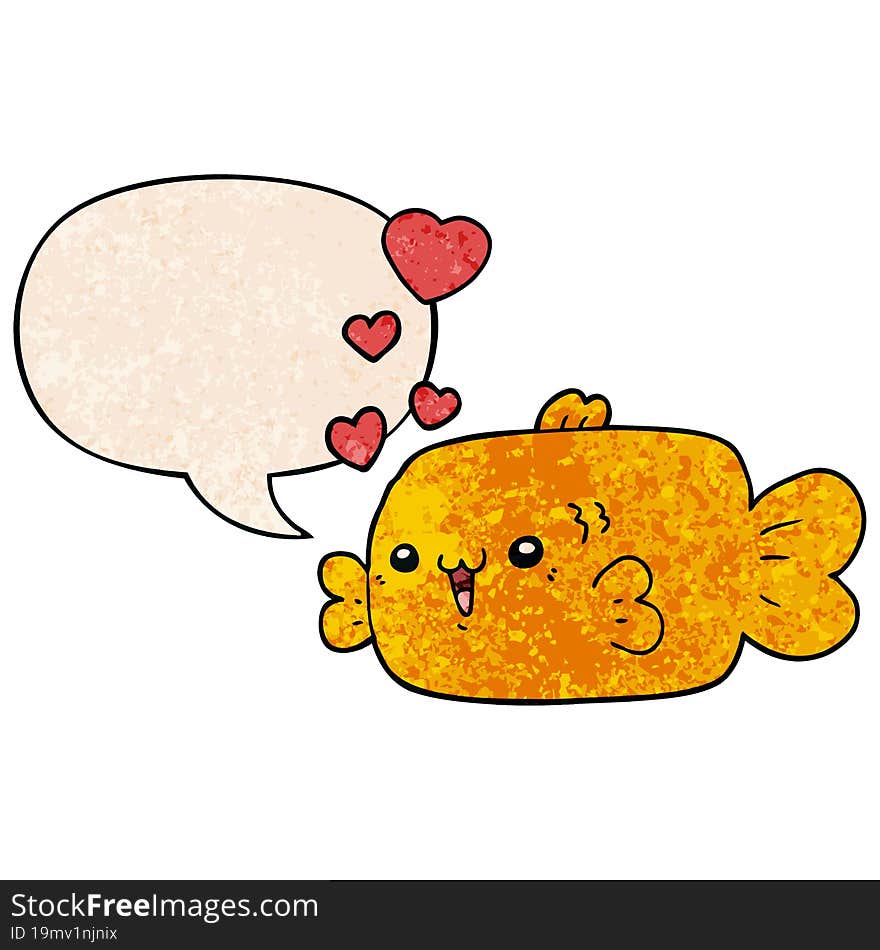 Cute Cartoon Fish And Love Hearts And Speech Bubble In Retro Texture Style