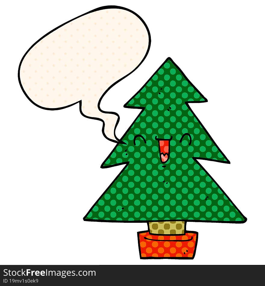 cartoon christmas tree with speech bubble in comic book style