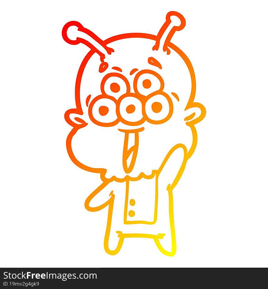 warm gradient line drawing of a happy cartoon alien