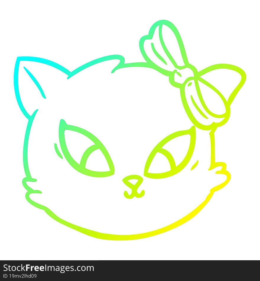 cold gradient line drawing of a cute cartoon cat with bow