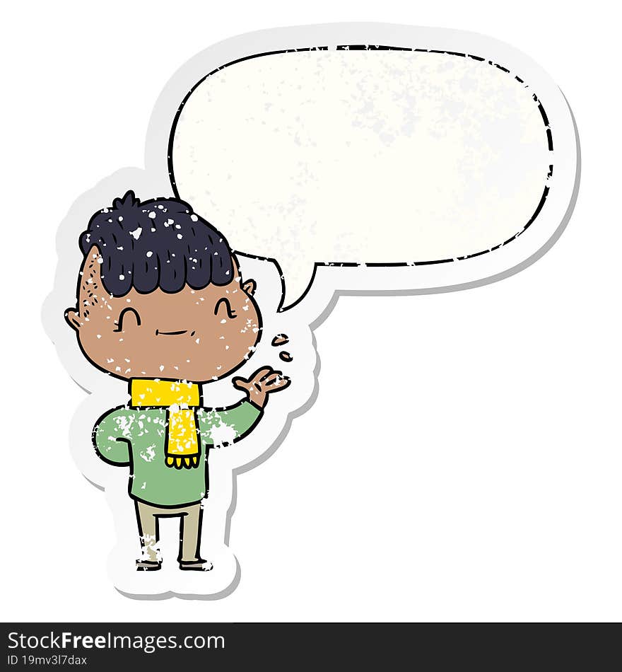 cartoon friendly boy and speech bubble distressed sticker