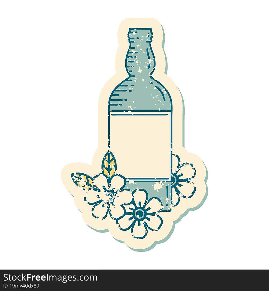 distressed sticker tattoo style icon of a rum bottle and flowers