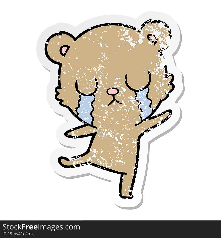 distressed sticker of a crying cartoon bear doing a sad dance