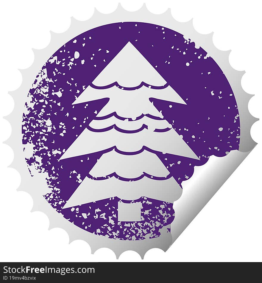 distressed circular peeling sticker symbol of a snow covered tree