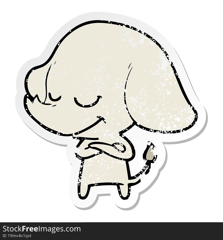 distressed sticker of a cartoon smiling elephant with crossed arms