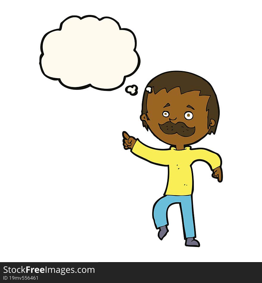 Cartoon Man With Mustache Pointing With Thought Bubble