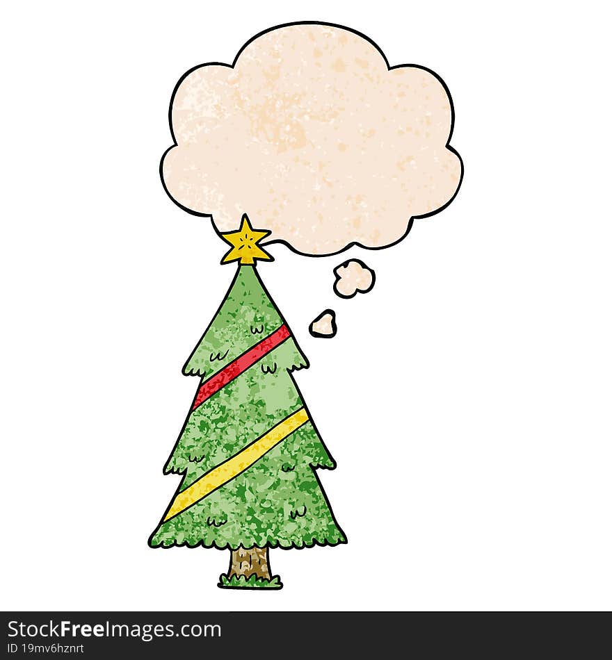 cartoon christmas tree with thought bubble in grunge texture style. cartoon christmas tree with thought bubble in grunge texture style