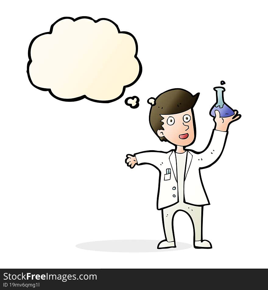 cartoon happy scientist with thought bubble