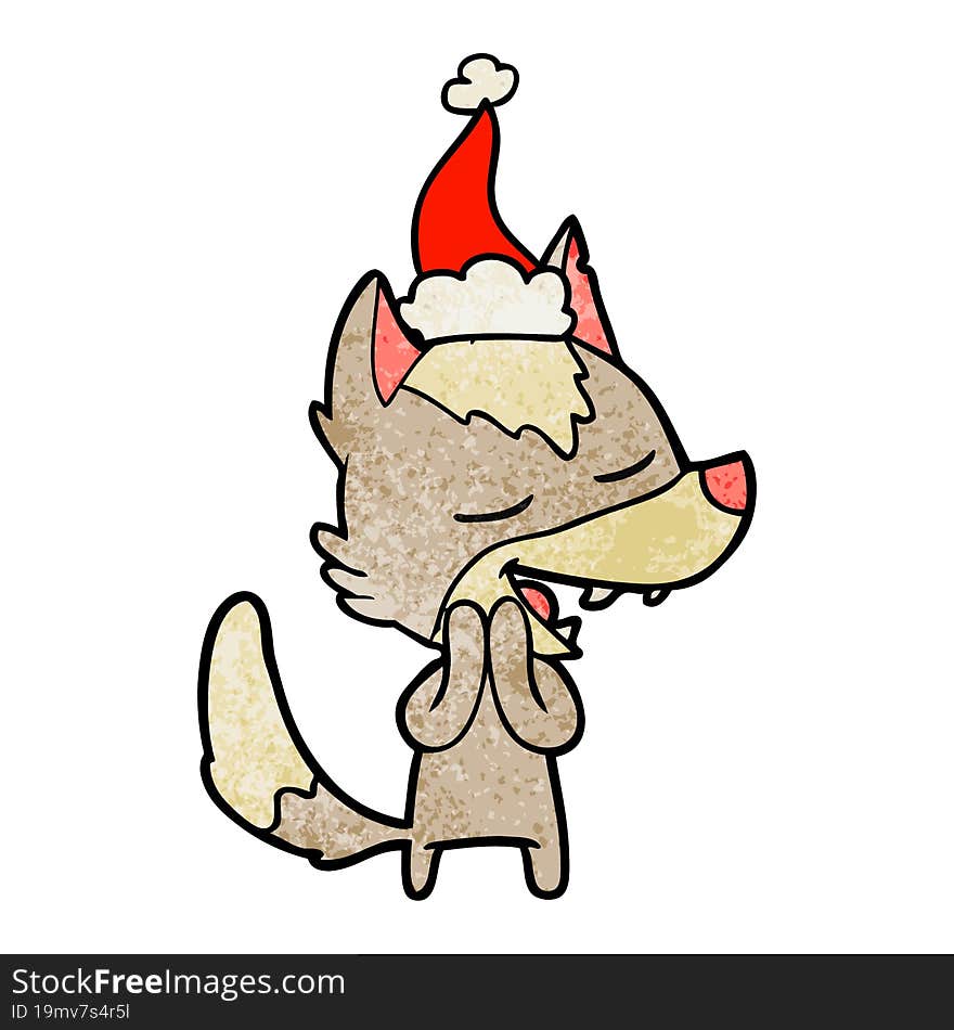 hand drawn textured cartoon of a wolf laughing wearing santa hat