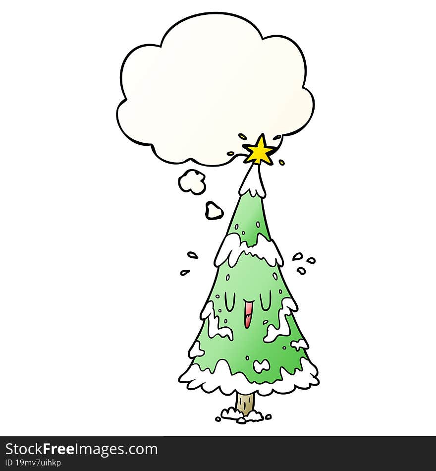 cartoon christmas tree with thought bubble in smooth gradient style