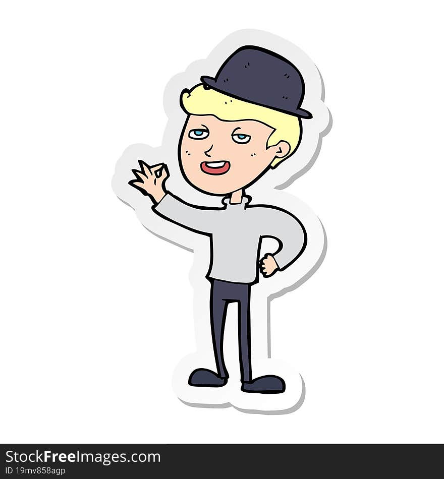 sticker of a cartoon man in bolwer hat