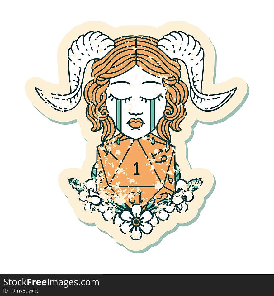 grunge sticker of a crying tiefling with natural one D20 dice roll. grunge sticker of a crying tiefling with natural one D20 dice roll