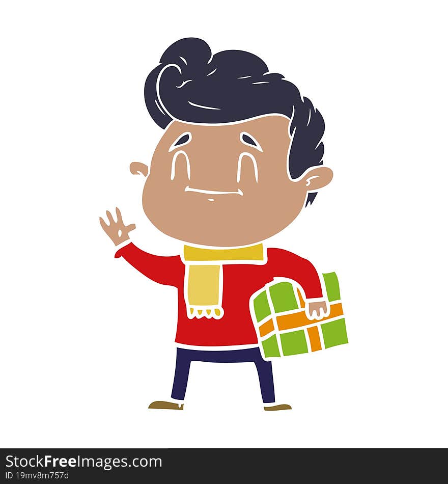 happy flat color style cartoon man with gift