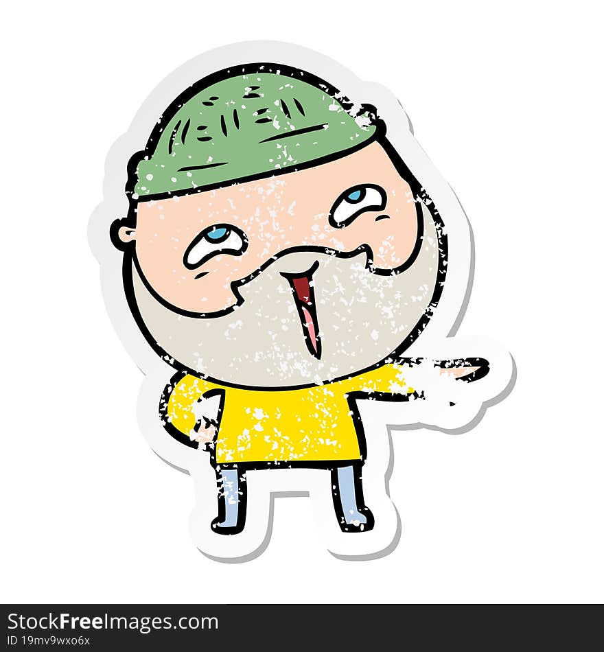 distressed sticker of a cartoon happy bearded man