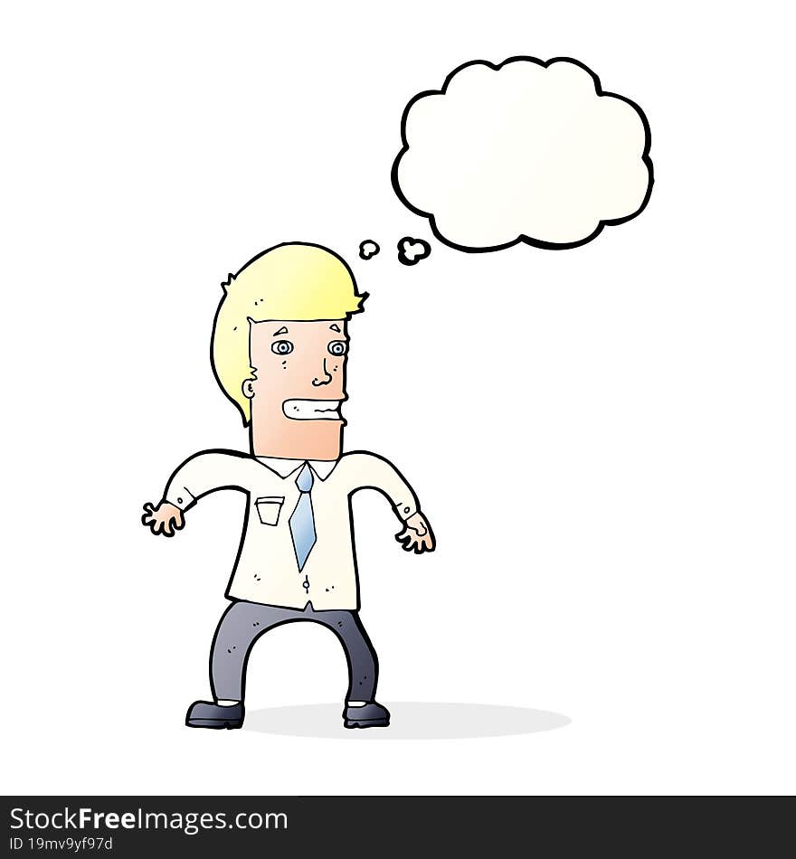 cartoon nervous businessman with thought bubble