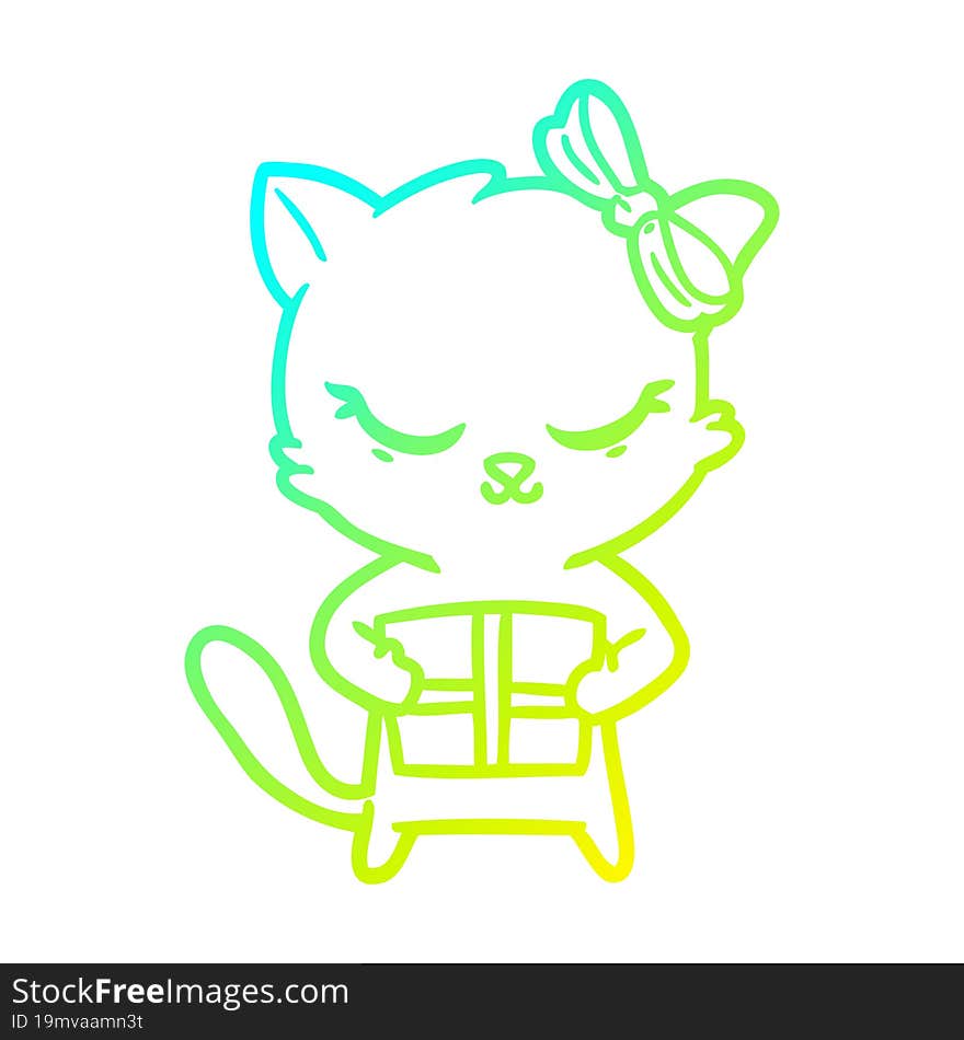 cold gradient line drawing cute cartoon cat with bow