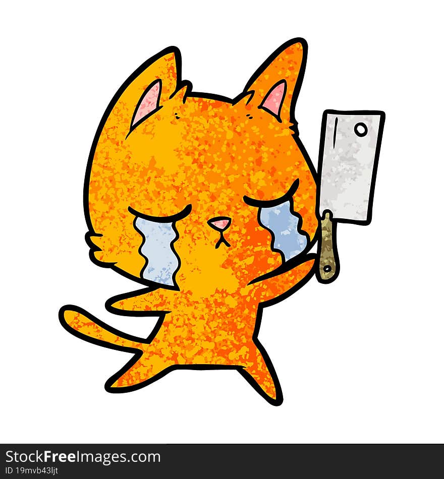 crying cartoon cat with cleaver. crying cartoon cat with cleaver