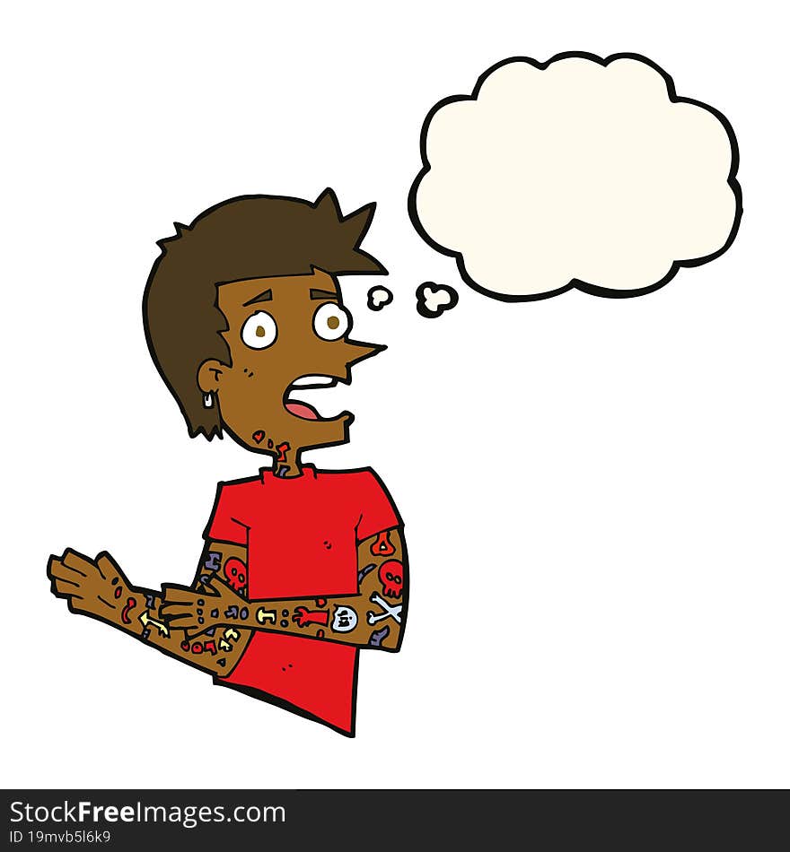 cartoon man with tattoos with thought bubble