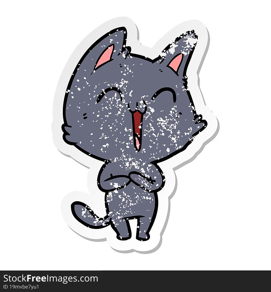 distressed sticker of a happy cartoon cat