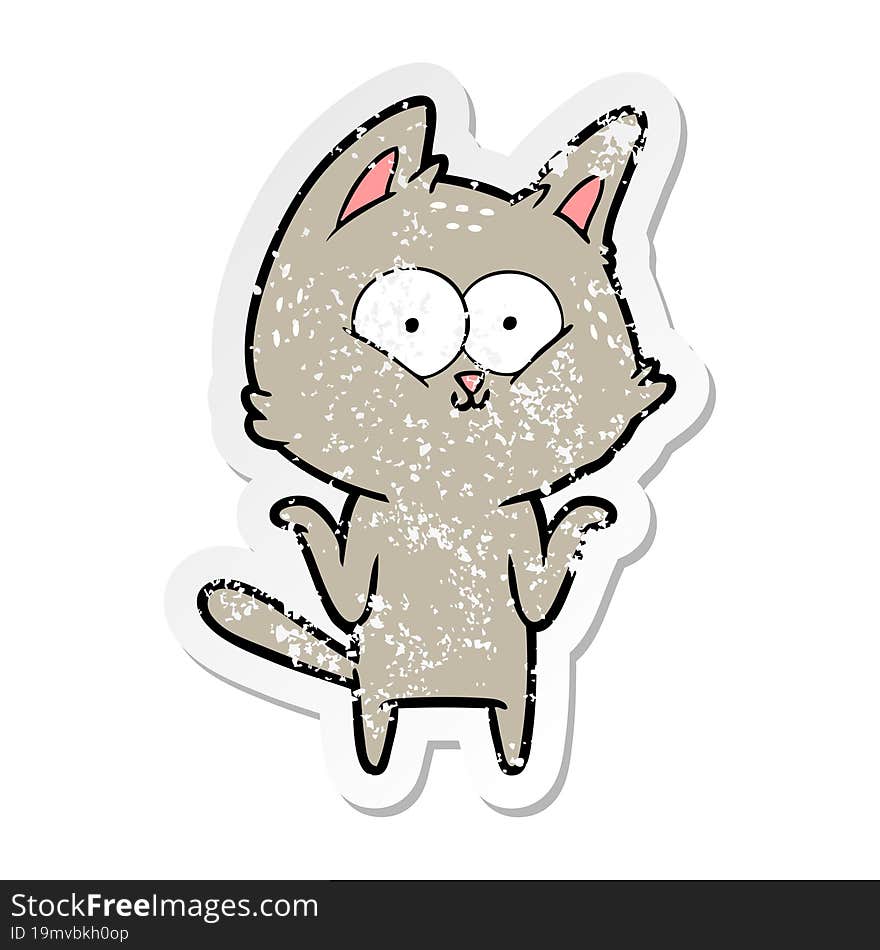 distressed sticker of a cartoon cat shrugging shoulders