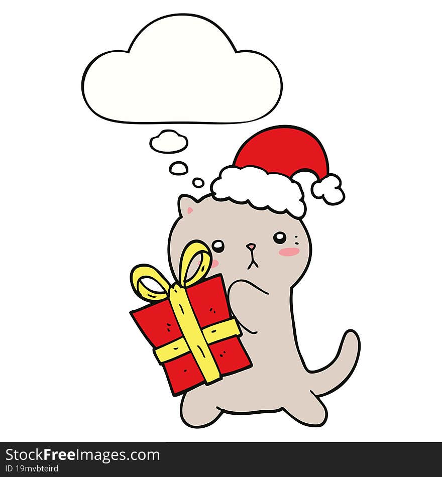 cute cartoon cat carrying christmas present and thought bubble