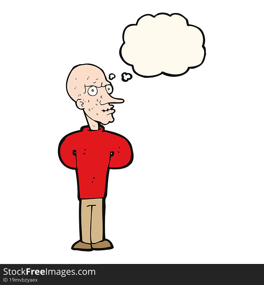 cartoon evil bald man with thought bubble