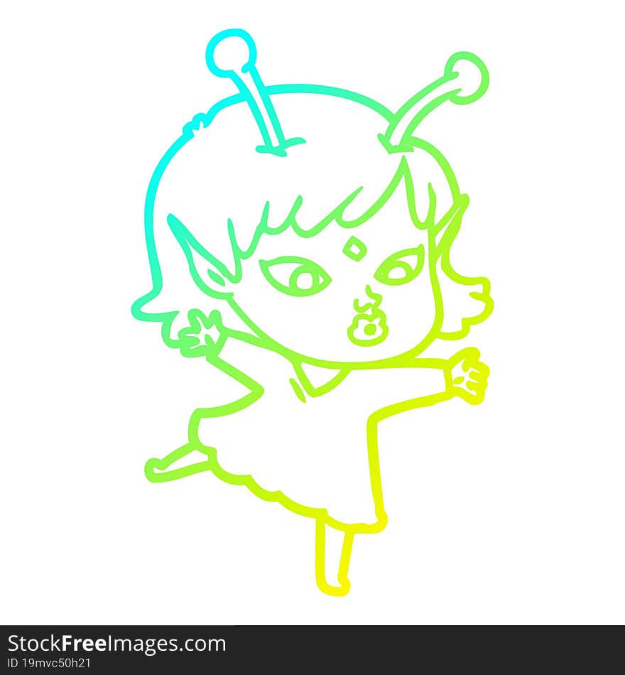 Cold Gradient Line Drawing Pretty Cartoon Alien Girl