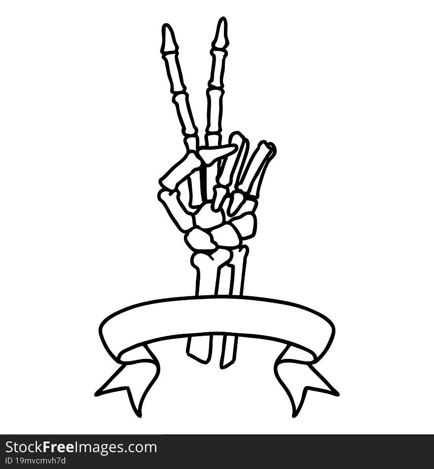 black linework tattoo with banner of a skeleton hand giving a peace sign