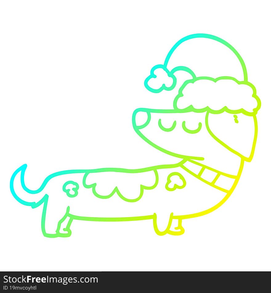 cold gradient line drawing cartoon dog wearing christmas hat