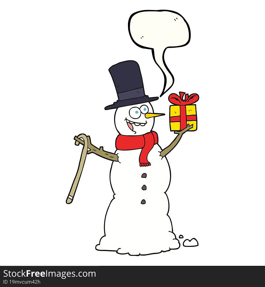 freehand drawn speech bubble cartoon snowman holding present