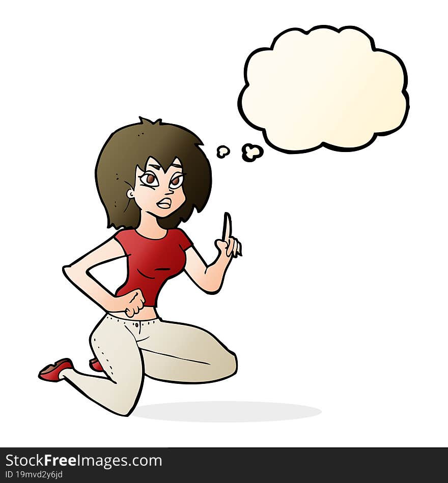 cartoon sitting woman with idea with thought bubble