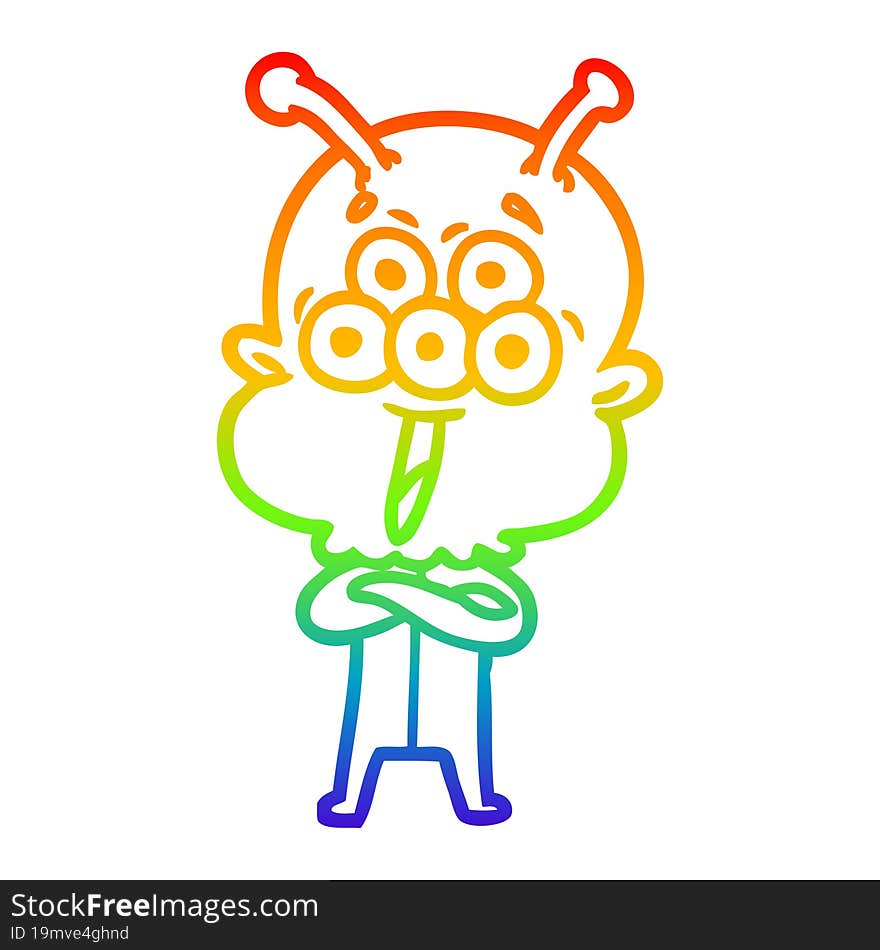 rainbow gradient line drawing of a happy cartoon alien