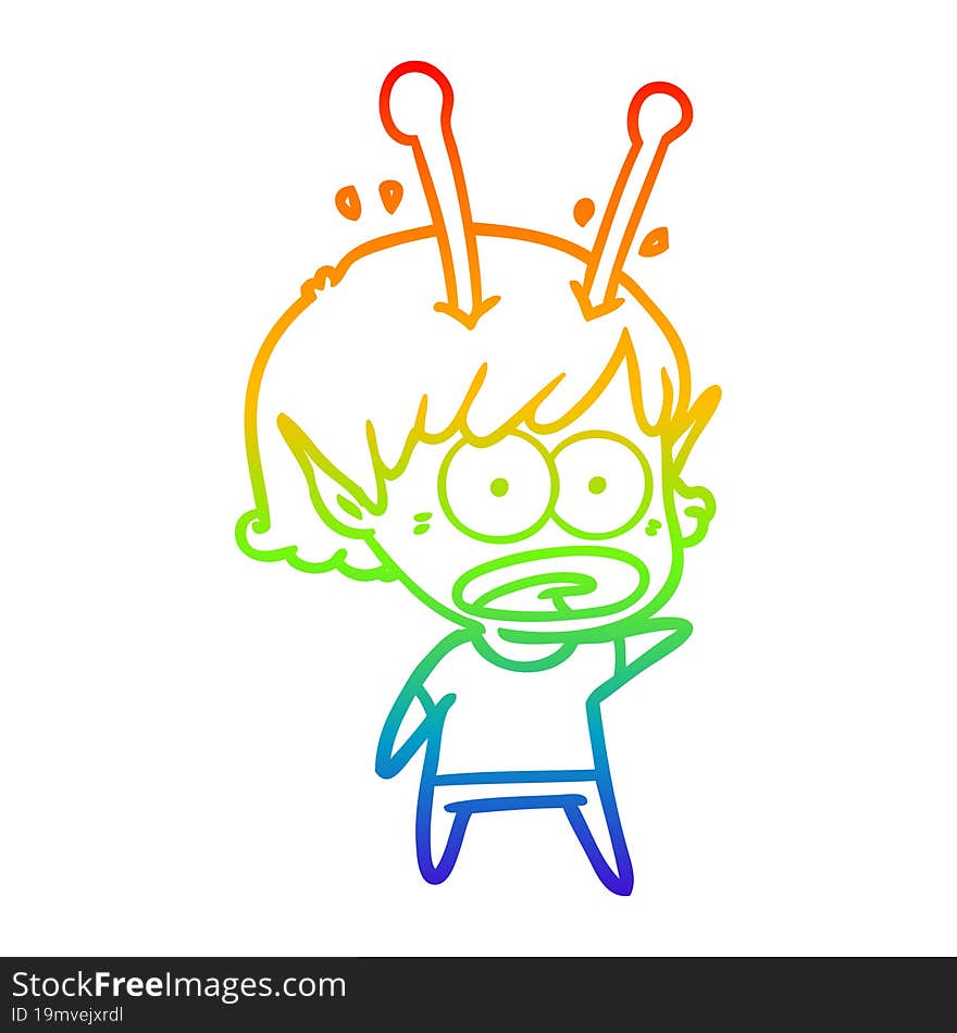 rainbow gradient line drawing of a cartoon shocked alien girl