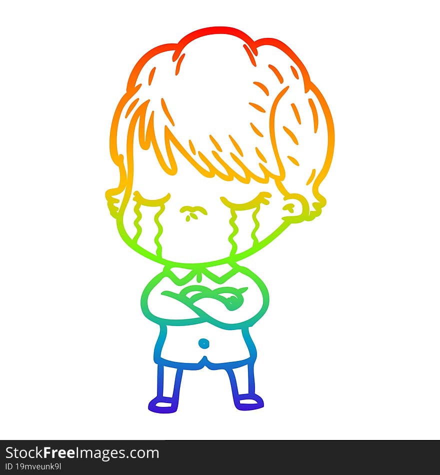 Rainbow Gradient Line Drawing Cartoon Woman Crying