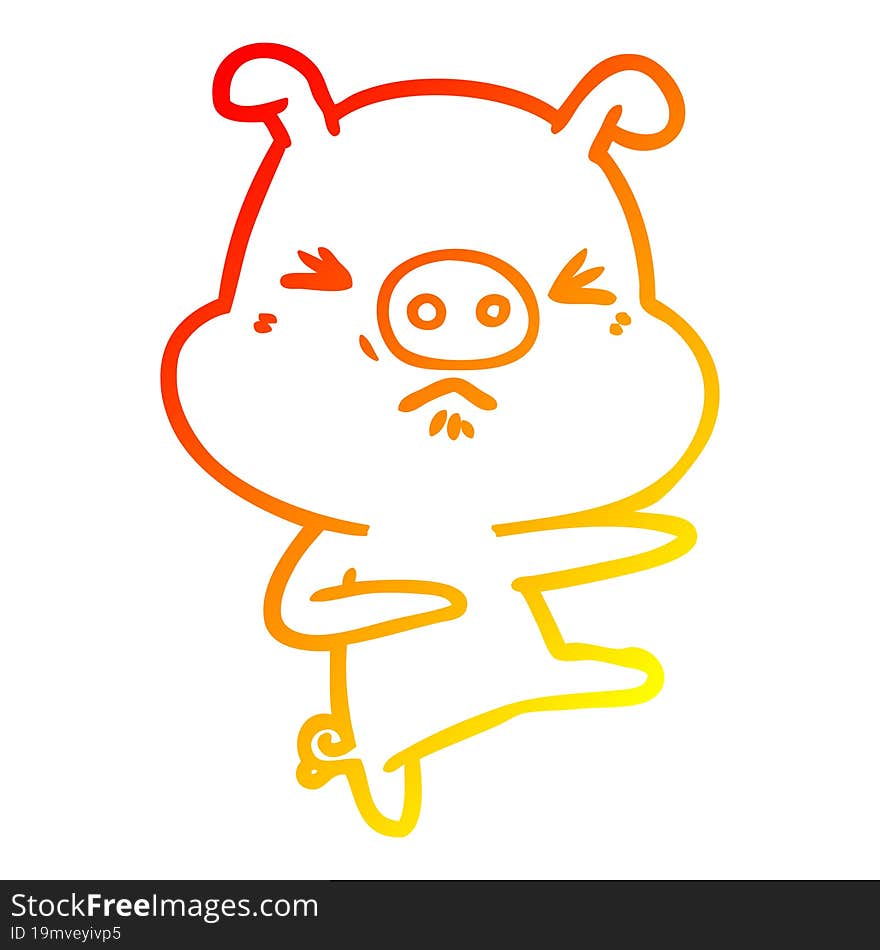 warm gradient line drawing cartoon angry pig kicking out