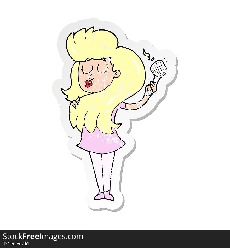 Retro Distressed Sticker Of A Cartoon Woman Brushing Hair