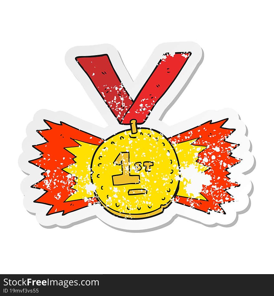 retro distressed sticker of a cartoon first place medal