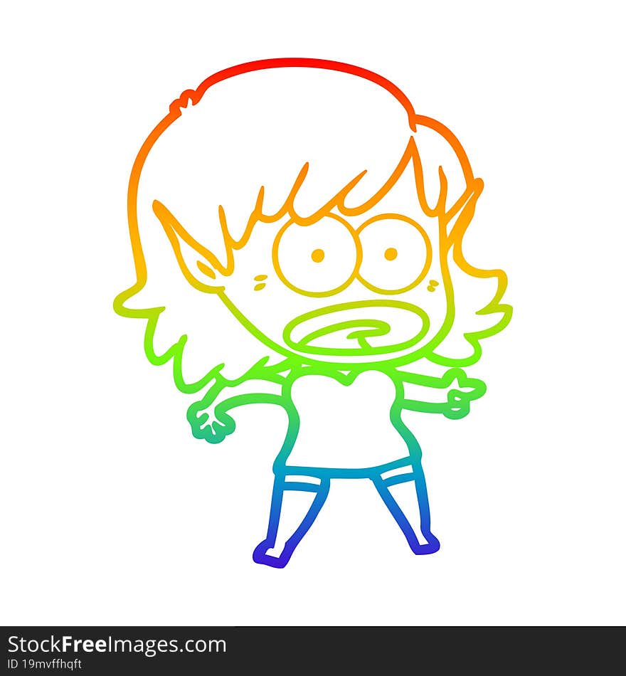 Rainbow Gradient Line Drawing Cartoon Shocked Elf Girl