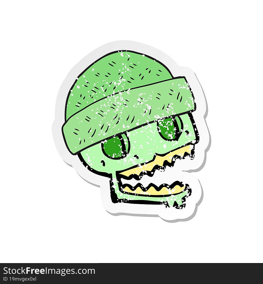 retro distressed sticker of a cartoon skull wearing hat