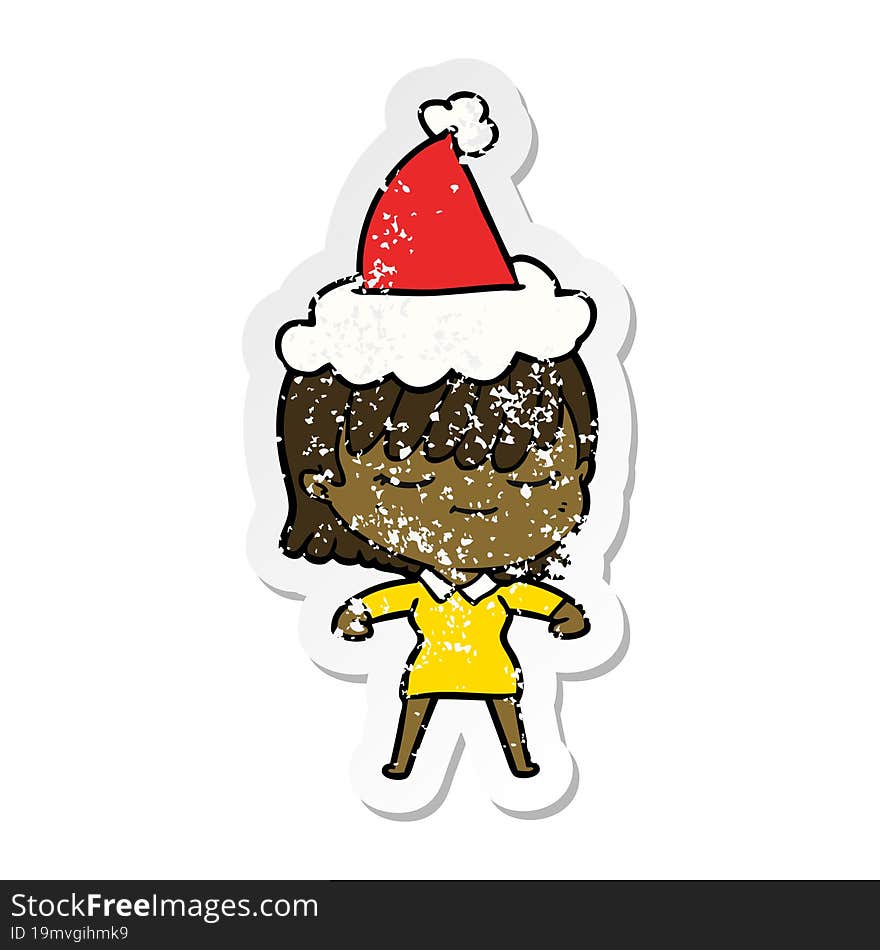 hand drawn distressed sticker cartoon of a woman wearing santa hat