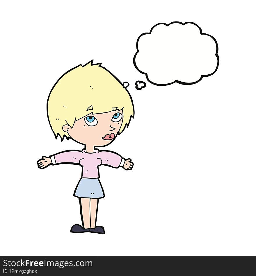 cartoon woman with open arms with thought bubble